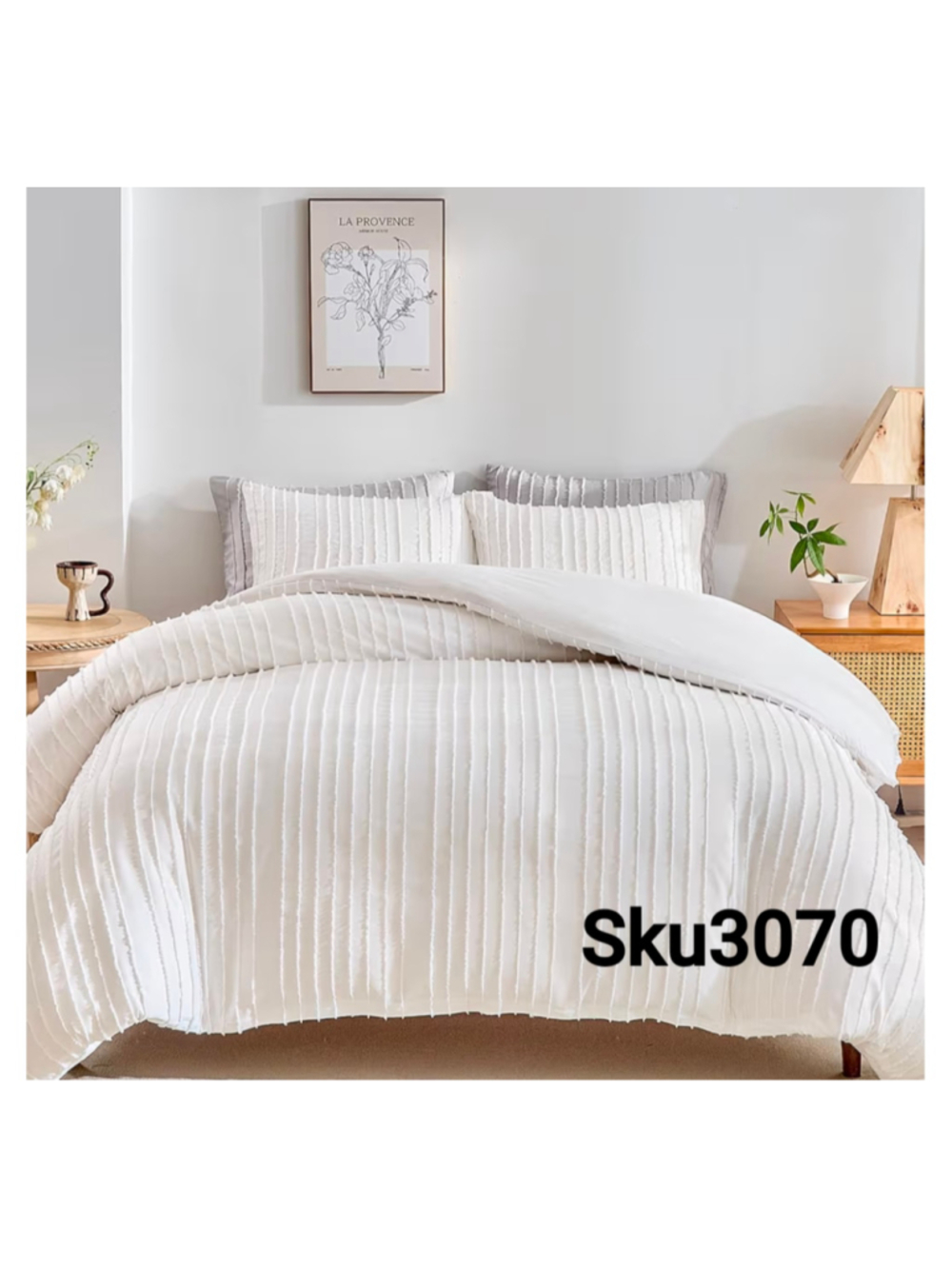 King White Boho Duvet Cover, Striped Textured Tufted Bedding Set 3-Piece